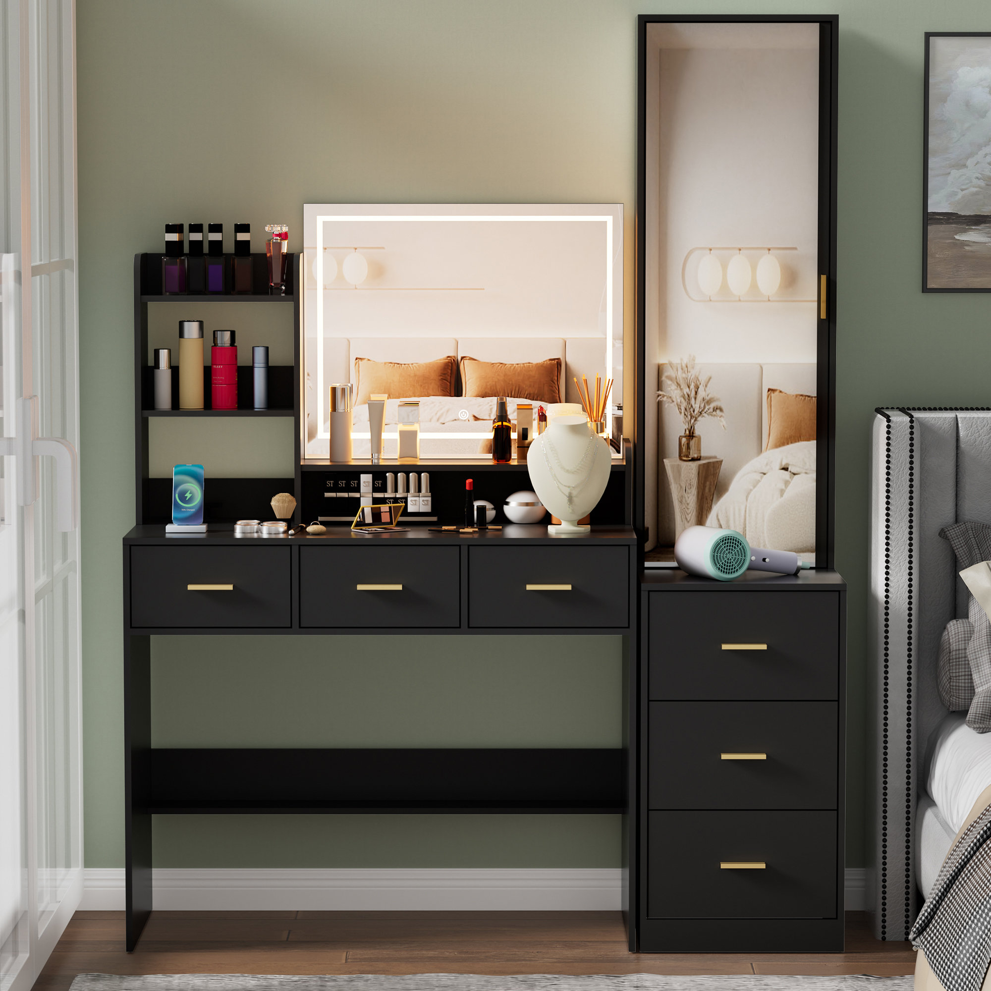 Latitude Run Makeup Vanity Desk with Lighted Full Length Mirror and Charging Station Reviews Wayfair